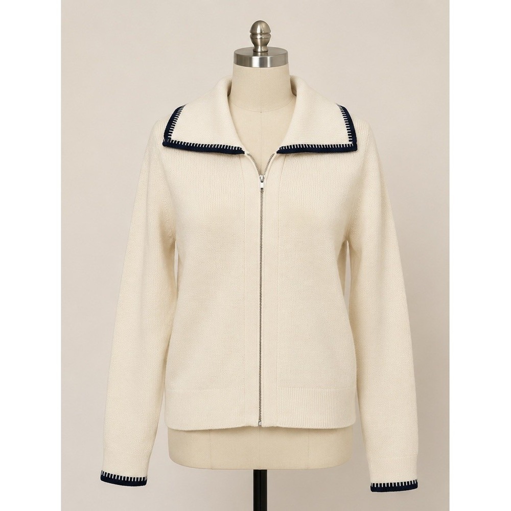 ON 34th Women's Full Zip Knit Sweater Jacket – Medium–Ivory/Navy -New with Tags